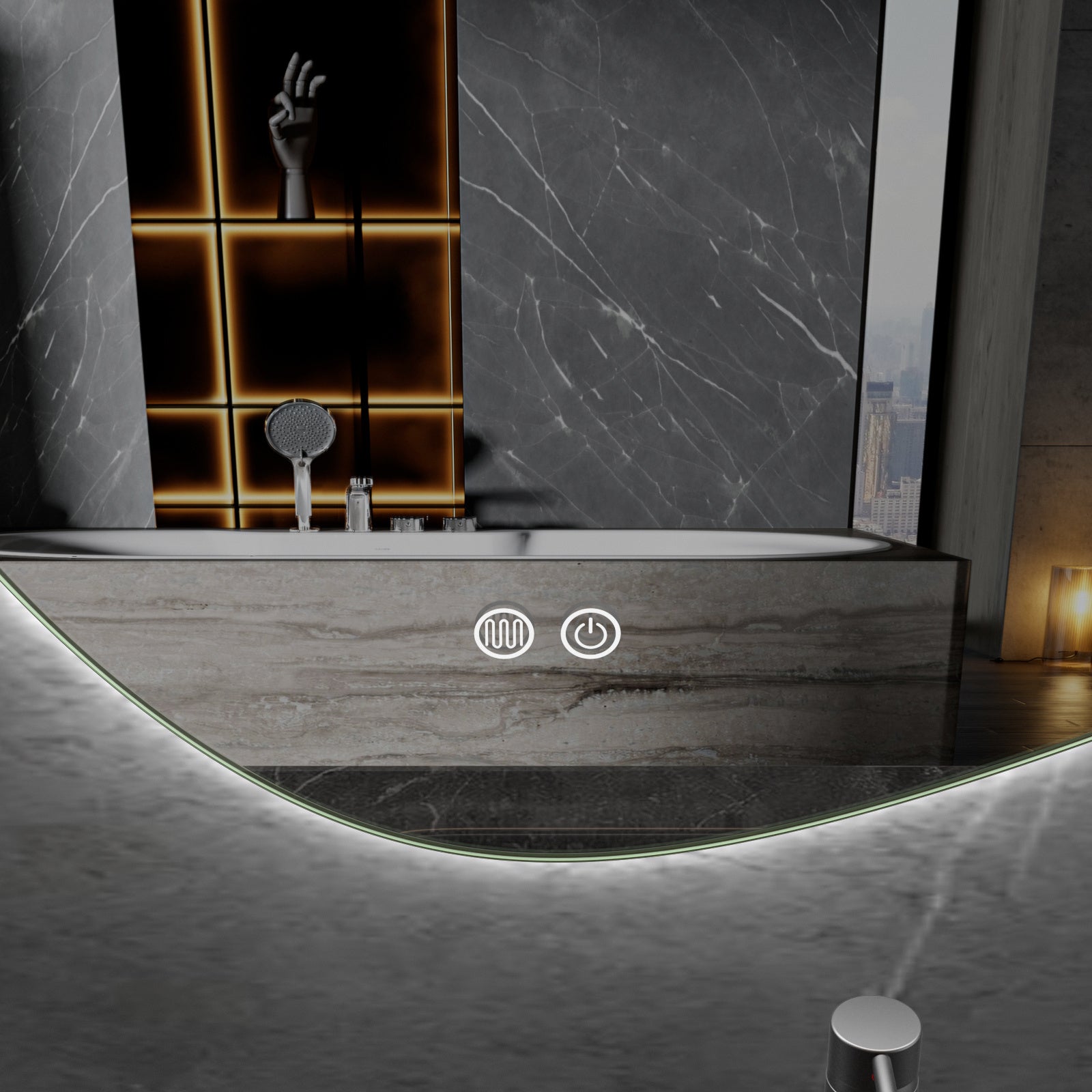 Asymmetrischer Spiegel mit LED-Beleuchtung und Antikondensation, 90 x 60 cm