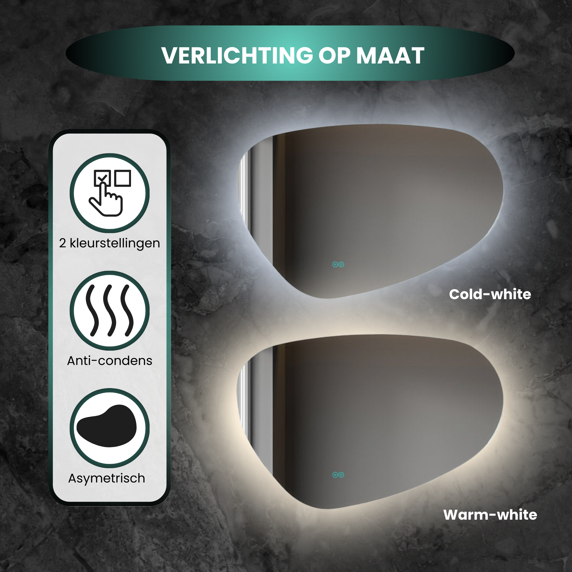 Asymmetrischer Spiegel mit LED-Beleuchtung und Antikondensation, 90 x 60 cm