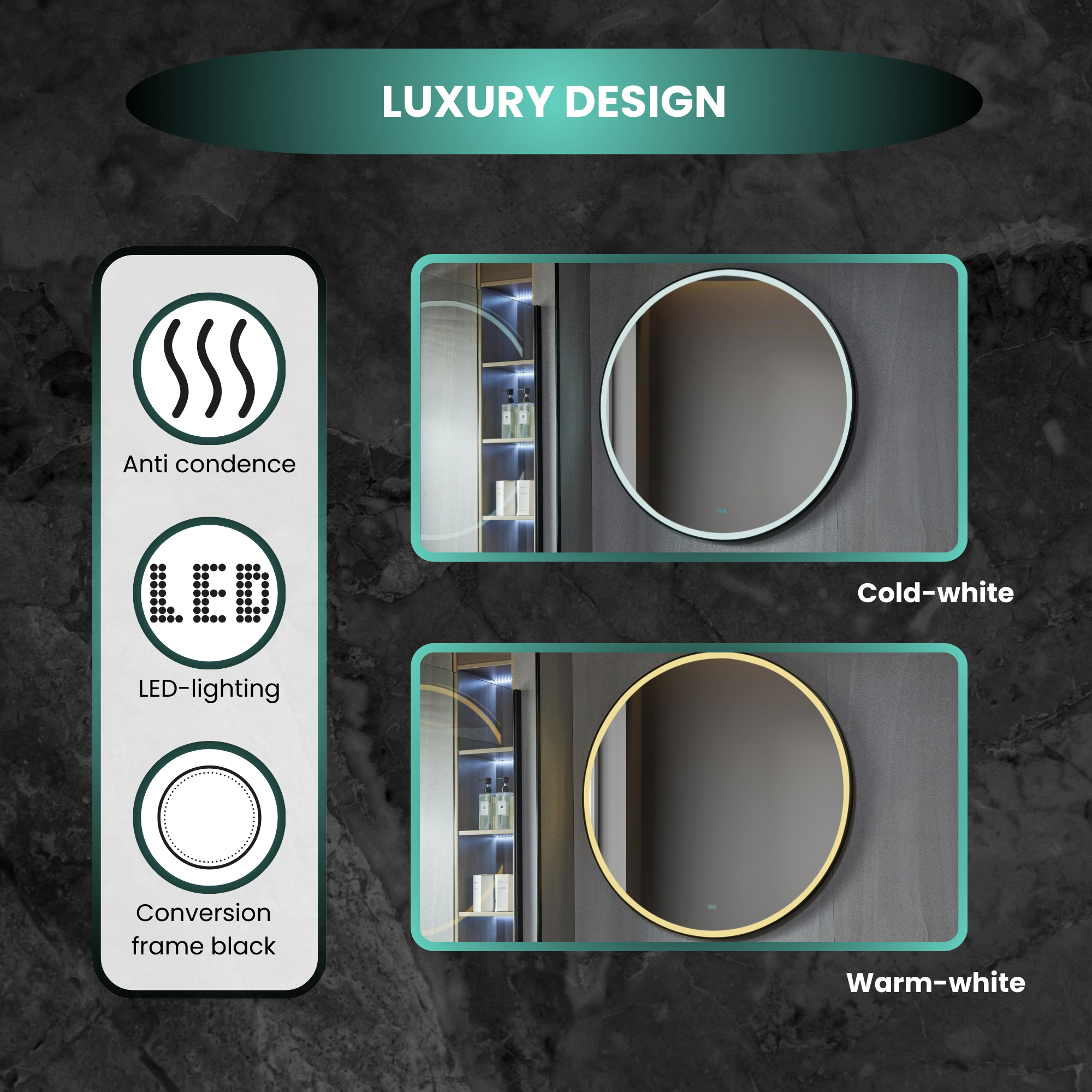 Smart Spiegel Rond 100 cm Zwart Frame met LED Verlichting, Anti-Condens & Wifi